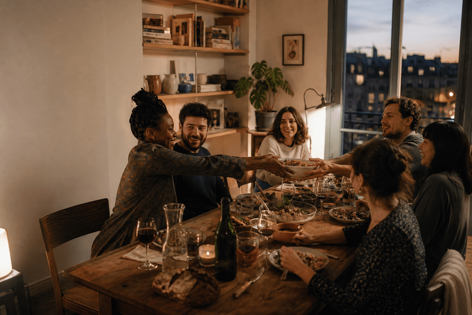 Un petit groupe partage un repas fait maison dans un appartement chaleureux